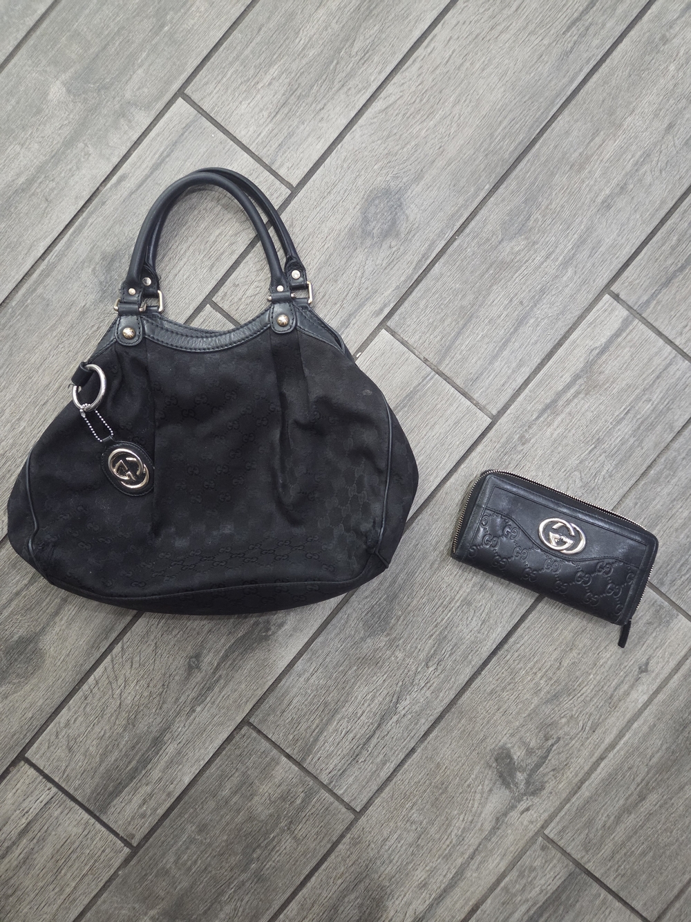 Gucci Black GG Monogram Shoulder Bag with Matching Wallet